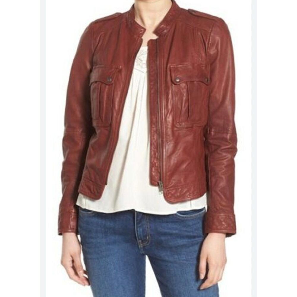 HINGE Genuine Leather Patch Whiskey Brown Zip Front Jacket, Sz XS